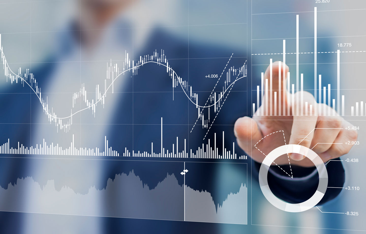Keystone Investment Services Image : A businessman pointing at a stock market graph, analyzing trends and making informed decisions.